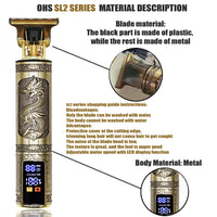 T9 Hair Clipper metal body with dragon design, plastic blade part, LCD display, and adjustable motor speed.