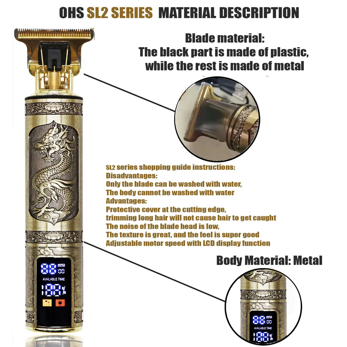 T9 Hair Clipper metal body with dragon design, plastic blade part, LCD display, and adjustable motor speed.