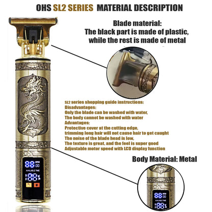 T9 Hair Clipper metal body with dragon design, plastic blade part, LCD display, and adjustable motor speed.